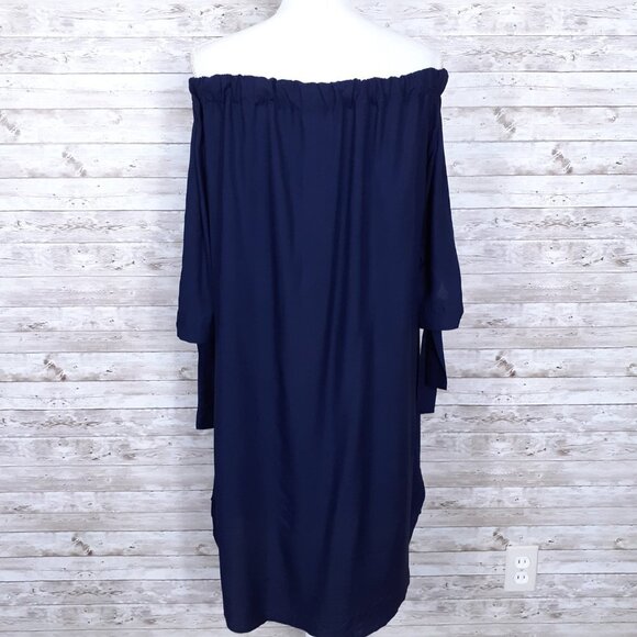 Venus Off Shoulder Shift Dress L Navy Short Sleeve 46A - Picture 4 of 7